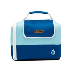 a blue and white lunch bag with the word kanga on it's side