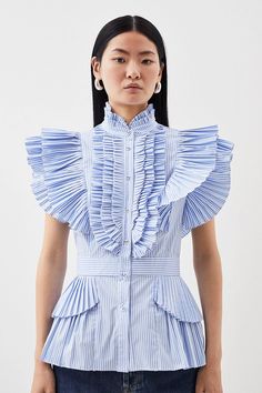 Cap Sleeve Striped Pleated Ruffle Woven Shirt | Karen Millen Ruffle Sleeves Shirts, Ruffle Top Blouses Patterns, Luxury Elegant Fitted Smocked Top, Spring Pleated Short Sleeve Blouse, Pleated Short Sleeve Blouse For Spring, Short Sleeve Pleated Blouse For Spring, Peplum Blouse With Ruffles For Work, Elegant Blouse With Ruffles And Flutter Sleeves, Short Sleeve Ruffled Blouse For Daywear