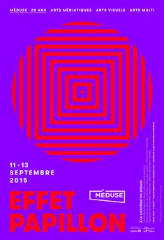 the poster for an art exhibition with red and black lines on it, in front of a purple background