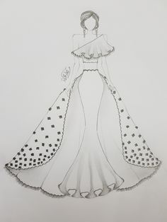 a drawing of a woman in a white dress with polka dots on the skirt and neckline