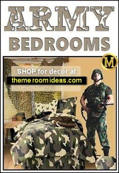 an advertisement for the army bedroom decor show, featuring a soldier in camouflage clothing and bedding