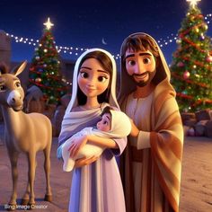 the animated nativity scene features jesus and mary with donkeys in front of christmas trees