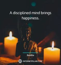 buddha quote about happiness with lit candles in the background and an image of buddha statue