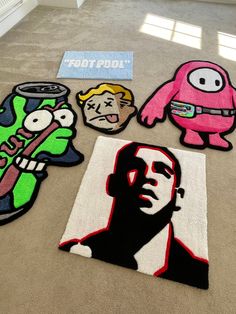 four rugs with cartoon characters on them