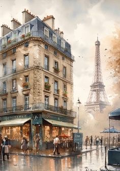 a painting of people walking in front of a building with the eiffel tower in the background