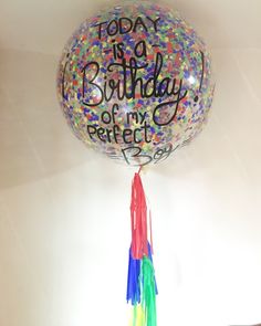 a birthday balloon that says today is a birthday of my perfect boy with confetti on it