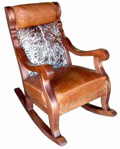 cowhide and leather upholstered rocking chair. Custom made in the USA. Your Western Decor, LLC Leather Rocking Chair, Lodge Furniture, Ranch Furniture, Cowhide Furniture, Handmade Chair, Rocker Chair, Barnwood Furniture, Ponderosa Pine, Western Furniture