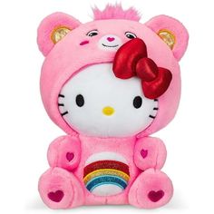 a hello kitty stuffed animal with a bow on it's head and rainbows around its neck