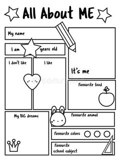 all about me worksheet for kids with black and white background royalty illustration stock