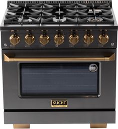 a black and gold stove with four burners