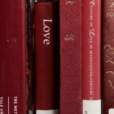 a row of red books sitting on top of a book shelf next to each other