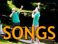 three people standing in front of trees with the words songs below them and above them