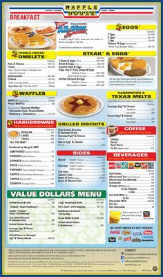 the menu for breakfast is shown in blue and yellow