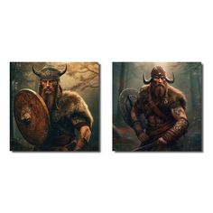 two paintings of viking men in the woods