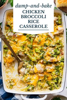 chicken broccoli rice casserole with dump - and - bake text overlay