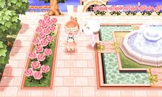 an animal crossing game with pink flowers in the foreground and a fountain on the other side