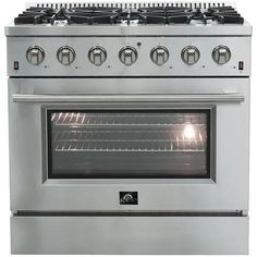 a stainless steel stove with four burners and two oven doors on the front side