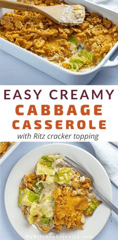 an easy creamy cabbage casserole with ritz cracker topping is ready to be eaten