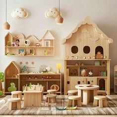 a child's playroom with wooden furniture and toys