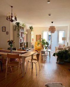 a living room filled with furniture and a wooden table surrounded by potted plants on top of hard wood flooring