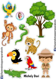 an assortment of stickers with animals and people on them, including monkeys, alligators,