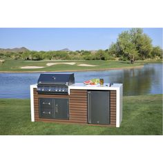 an outdoor bbq grill next to a lake