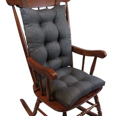 a wooden rocking chair with grey cushions on it's back and seat padding