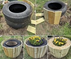 four different pictures of an old tire turned into a planter with flowers in it