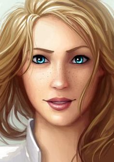 a digital painting of a woman's face with blue eyes and long blonde hair