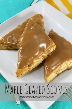 two pieces of caramel glazed scones on a white plate