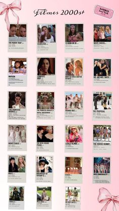 a pink poster with pictures of women in different outfits and bows on it's sides