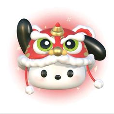 a close up of a cartoon character wearing a santa claus hat with horns and eyes