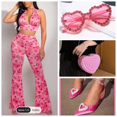 a collage of photos with pink outfits and accessories, including heart - shaped sunglasses