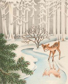 a painting of a deer and its reflection in the water, with snow on the ground