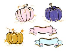 four different colored pumpkins with ribbons around them