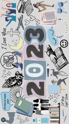 a poster with the words 2012 written in it's center surrounded by various objects