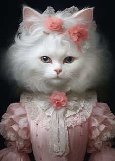 a white cat wearing a pink dress with flowers on it's head and collar