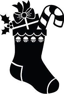 a black and white christmas stocking with candy cane