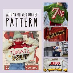 four different sweaters with the words autumn olive crochet written in red, white and yellow