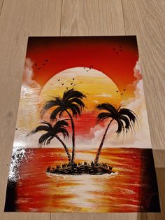 a painting of two palm trees on an island in the ocean