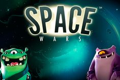 the space wars logo with two monsters in front of an image of planets and stars