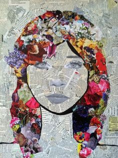 a woman's face is made out of newspaper paper and has flowers all over it