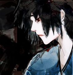 an anime character with black hair and blue shirt looking to his left, in front of a grungy background