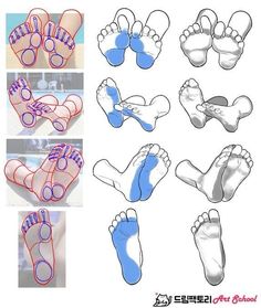 the steps in how to draw cartoon feet