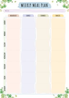 a printable meal plan with green leaves on the top and bottom, in pastel colors