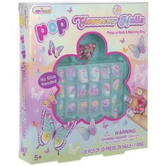 Give your nails a glitzy, whimsical look with this Butterfly Pop Glamour Nails Kit! This fun kit contains a variety of colorful press-on nails and a butterfly ring. The nail designs include butterflies, smiley faces, flowers, tie-dye patterns, and more. Some are even embellished with rhinestones and dimensional butterfly adornments. Mix and match them for a one-of-a-kind look! Kit Contains: 	 20 - Press On Nails 	 1 - Ring Details: 	 Color: Multi-Color 	 Age Grade: 3+ 	 Quantity: 1 Nails Kit, Claire's Accessories, Hello Kitty Jewelry, Glamour Nails, Smiley Faces, Butterfly Ring, Elegant Nails, Matching Rings, Pretty Acrylic Nails