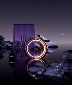 a purple box with a circular light in it sitting on top of a body of water