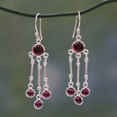 Garnet dances on silver pendulums in mesmerizing earrings from Neeru Goel. The stone of love and passion the scarlet gem is radiant in this flirtatious and graceful earring design. .925 Sterling silver January Birthstone Jewelry, Silver Chandelier Earrings, Red Gemstones, Garnet Earrings, Sterling Silver Dangle Earrings, Fancy Jewelry, Silver Earrings Dangle, Chandelier Earrings, Birthstone Jewelry