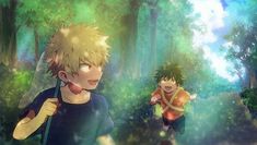 two young boys are walking through the woods