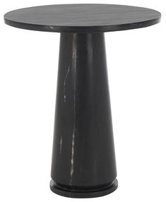 a round table with black marble on the top and an oval base, against a white background